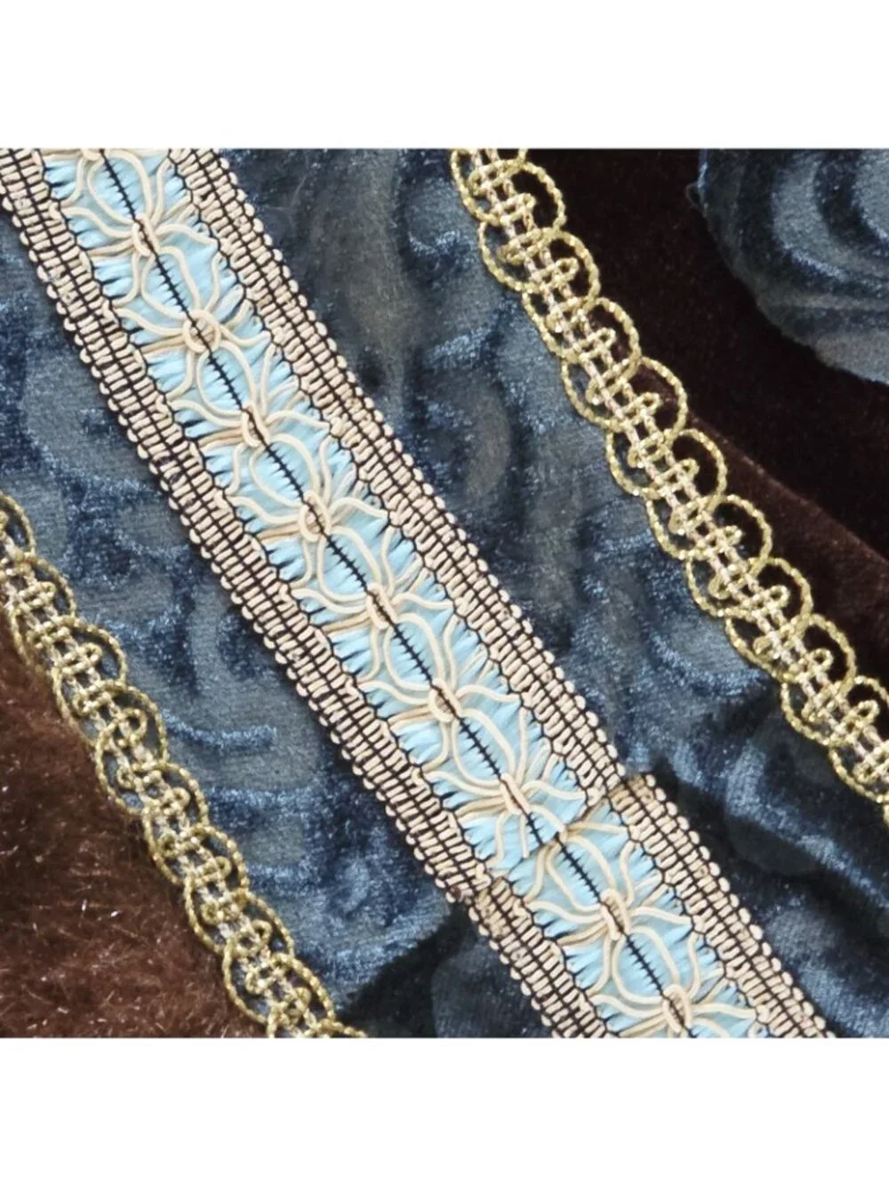 Victorian Brown Teal Velvet Christmas Tree Skirt Faux Fur Brocade Jacquard 46